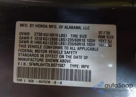 2020 Honda Odyssey Ex-L/Ex-L W/Navi Res from USA, damaged, VIN 5FNRL6H73LB071587